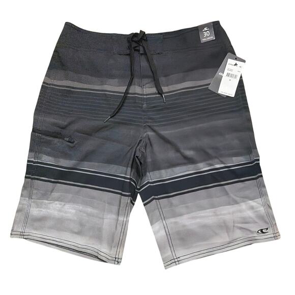 O'Neill Men's Brisbane Striped Black Gray Surf Board Shorts Swim Size 30 New - Picture 1 of 7